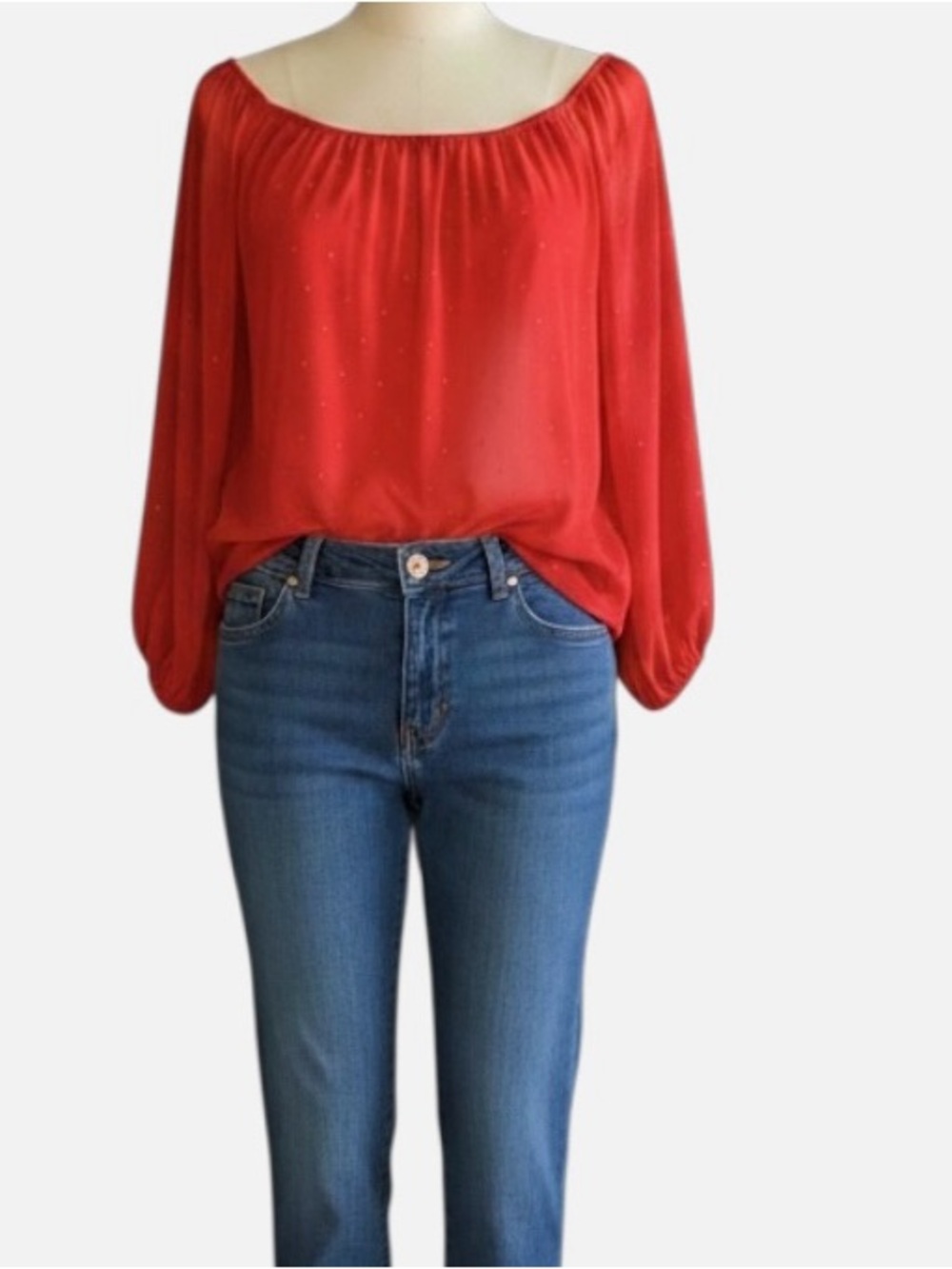 Vince Camuto Red Off-Shoulder Blouse with Tiny Gold Studs.